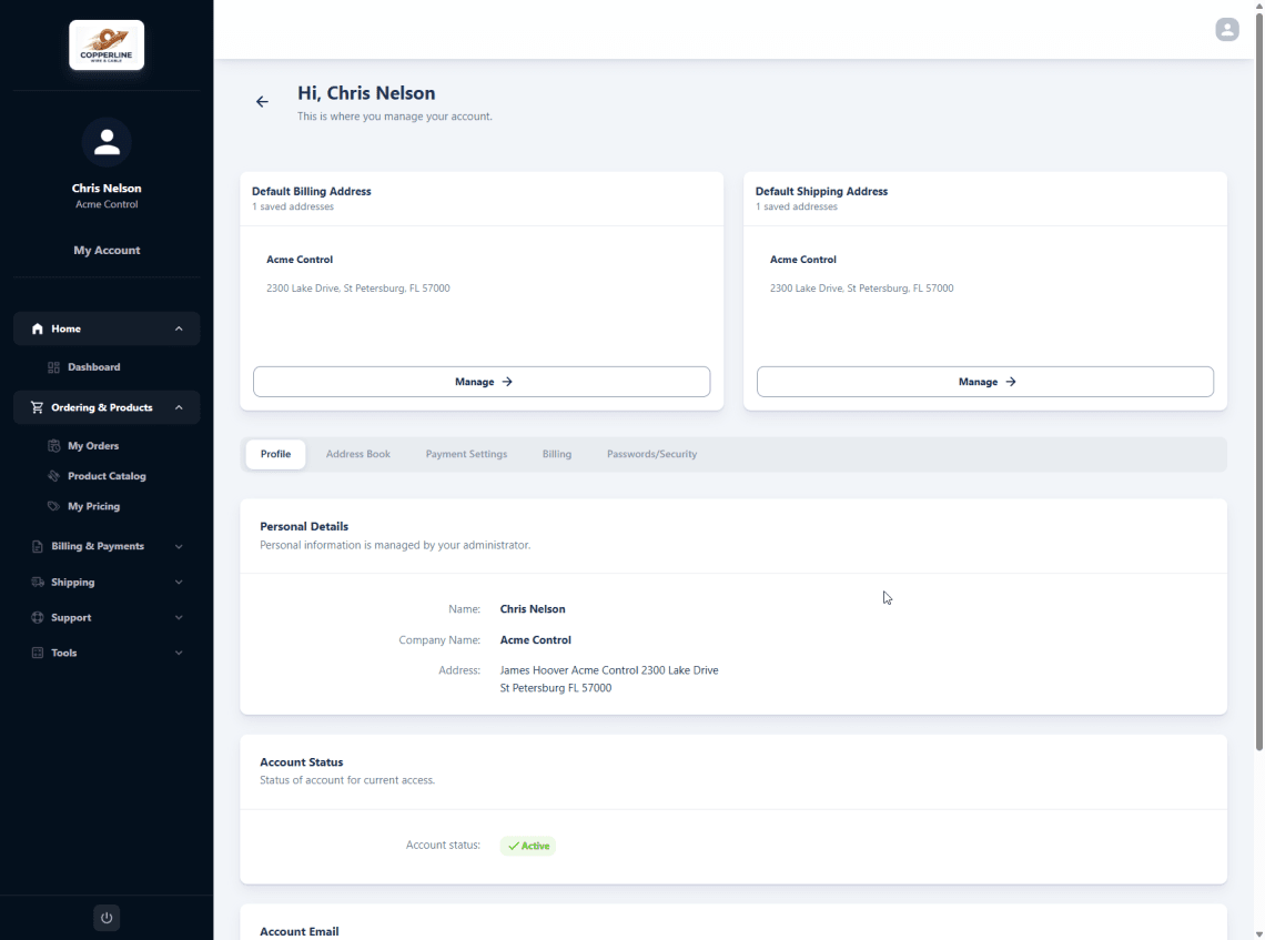 My Account profile page — default billing and shipping addresses plus profile, payment, and security tabs