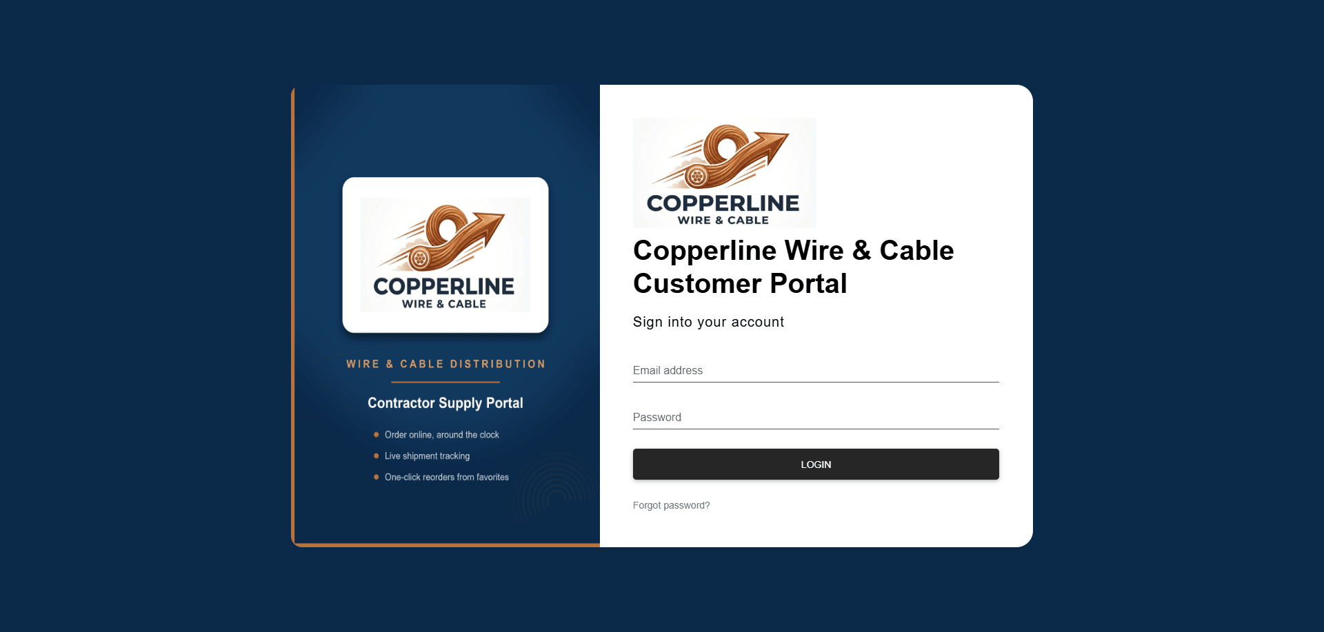 Copperline Wire & Cable portal sign-in — customer-branded login page