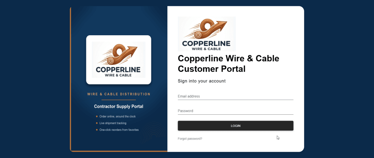 Copperline Wire & Cable portal sign-in — customer-branded login page