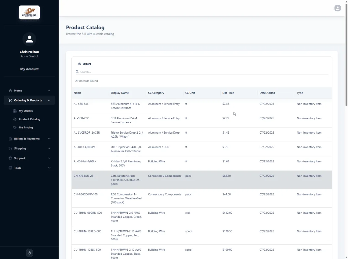 Product Catalog page in the customer portal — searchable item list with categories, units, and list prices