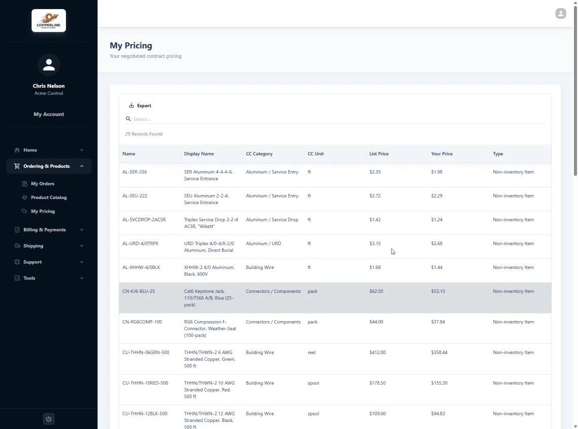 My Pricing page — negotiated contract price shown next to list price for each item