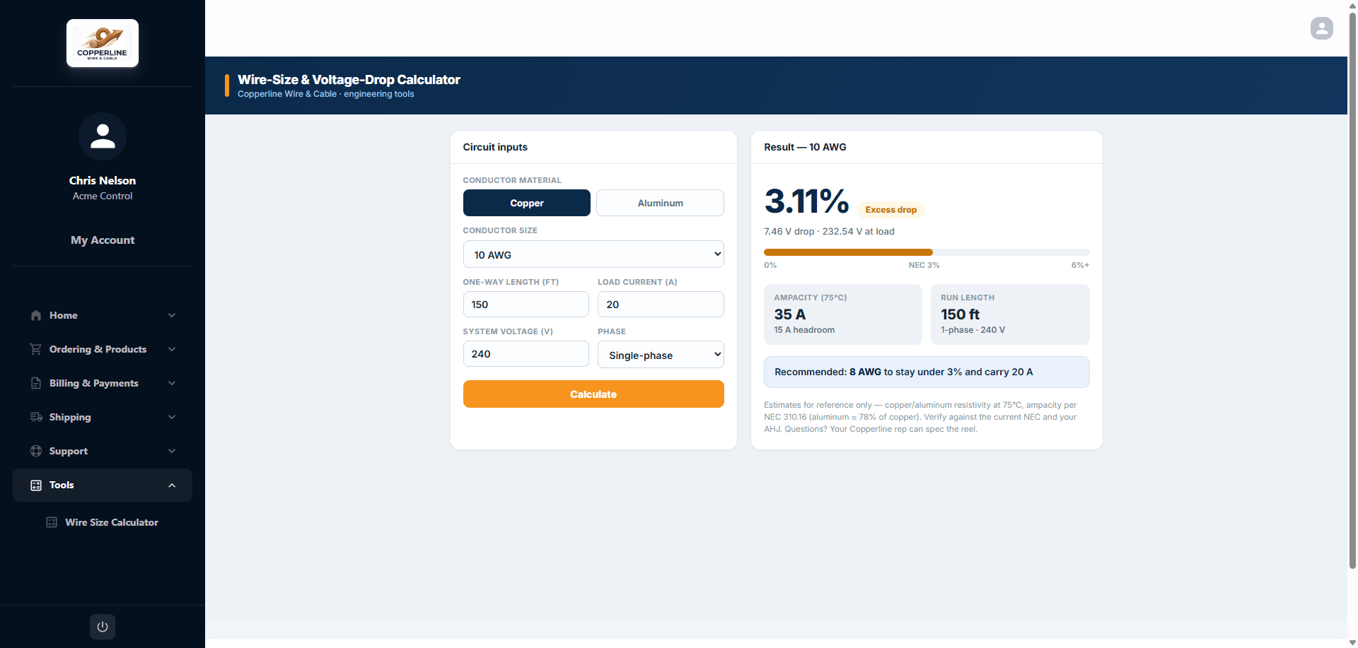 Custom tool page — a purpose-built calculator inside the portal