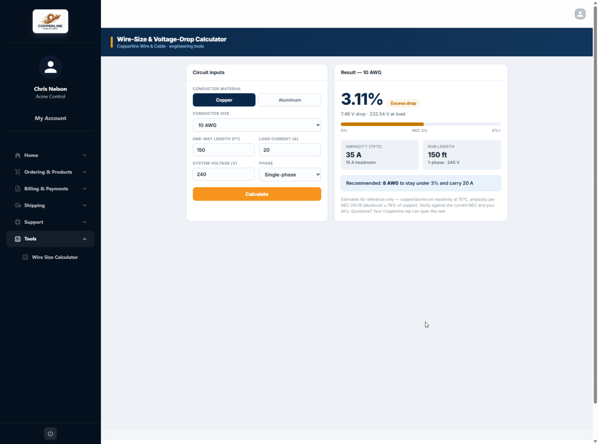 Wire-Size and Voltage-Drop Calculator — a custom tool page running inside the customer portal