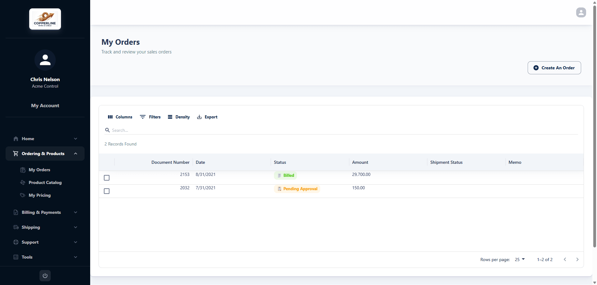My Orders page — order history with status and tracking