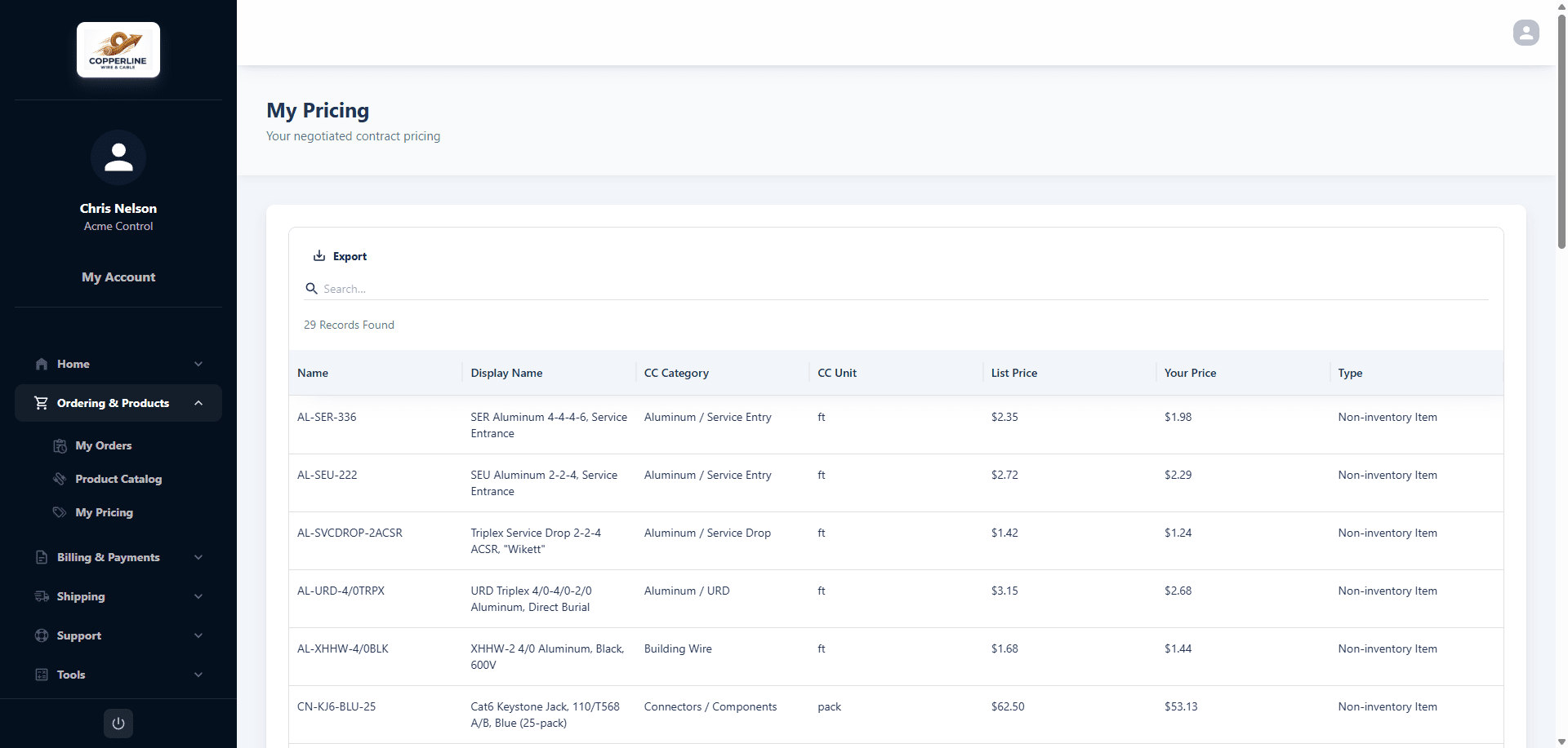 My Pricing page — negotiated contract price shown next to list price for each item
