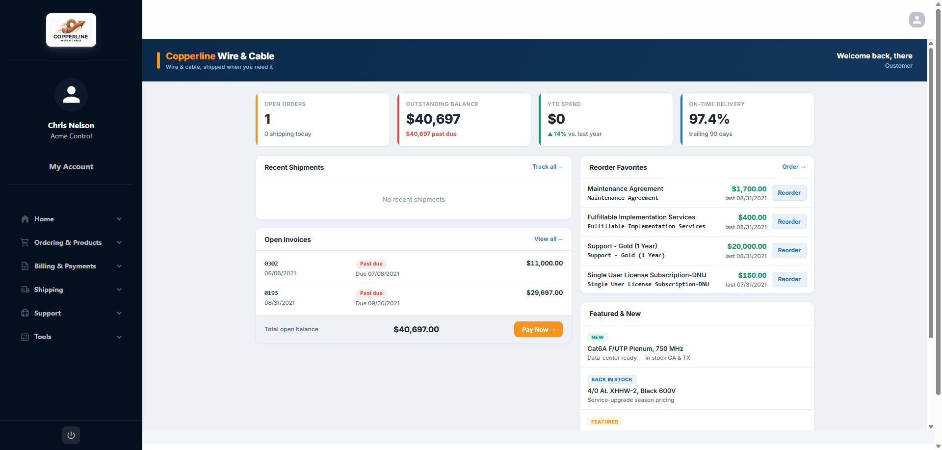 Customer portal dashboard — open invoices, balance, reorder favorites