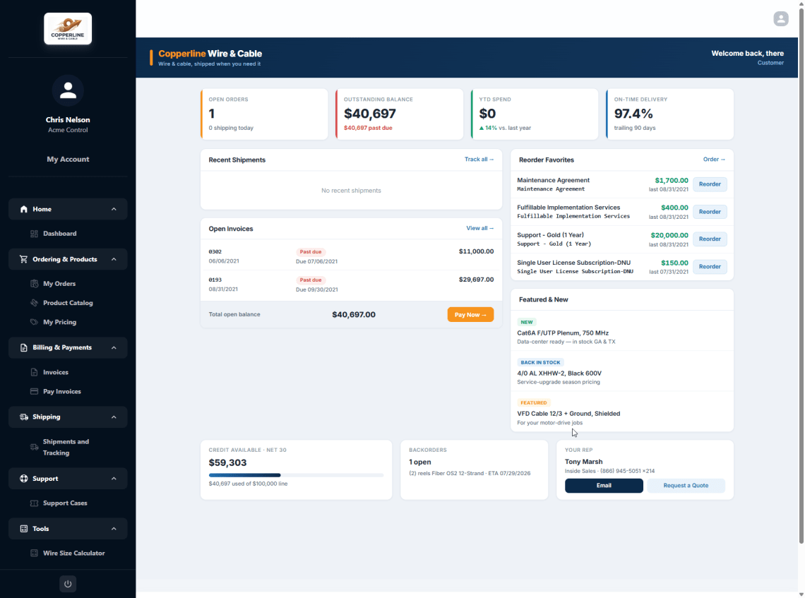 Copperline Wire & Cable customer portal dashboard — open invoices, balance, reorder favorites
