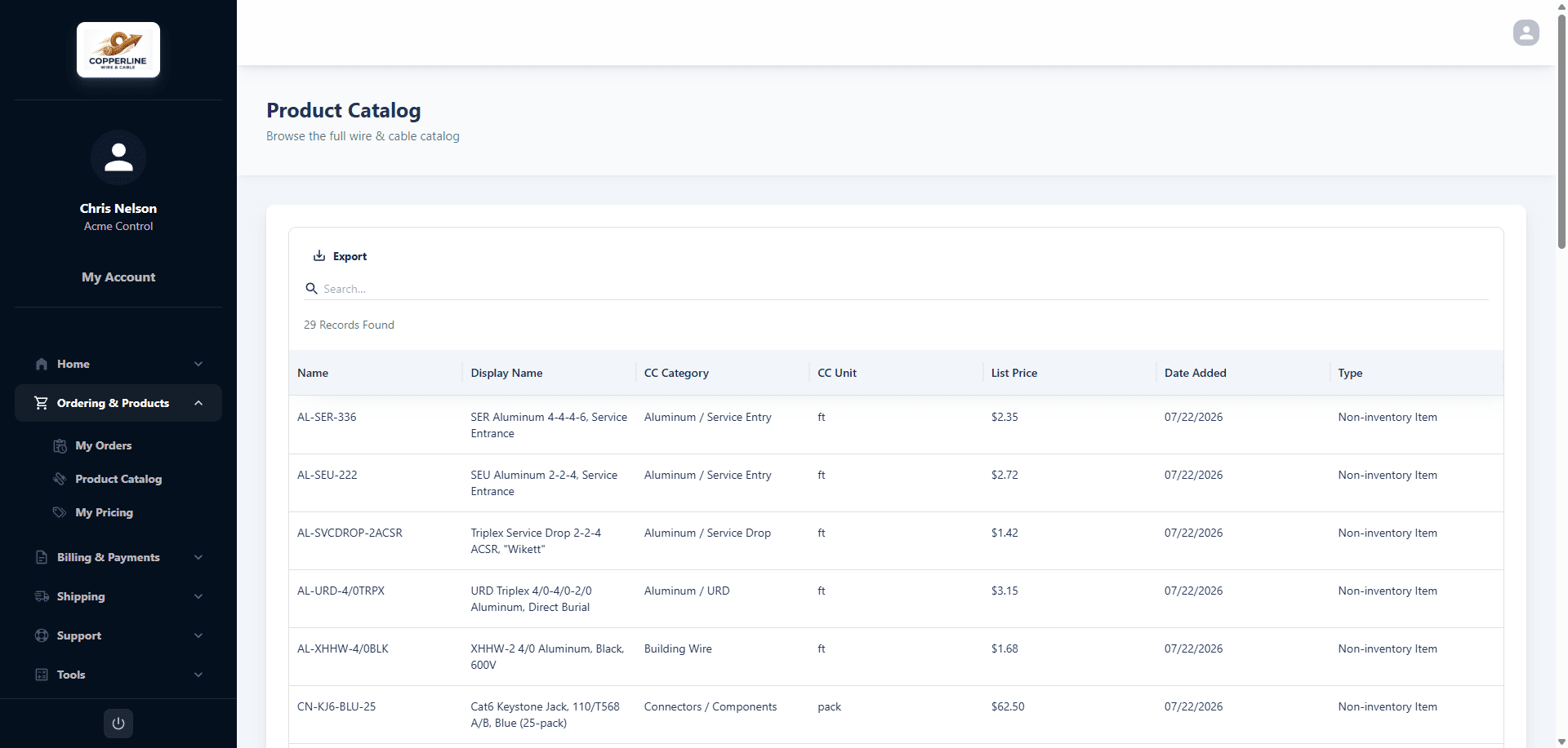 Product Catalog page — searchable item list with categories, units, and list prices