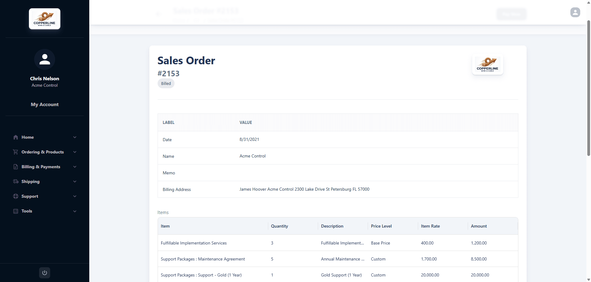 Sales order detail — line items, shipping, and payment status