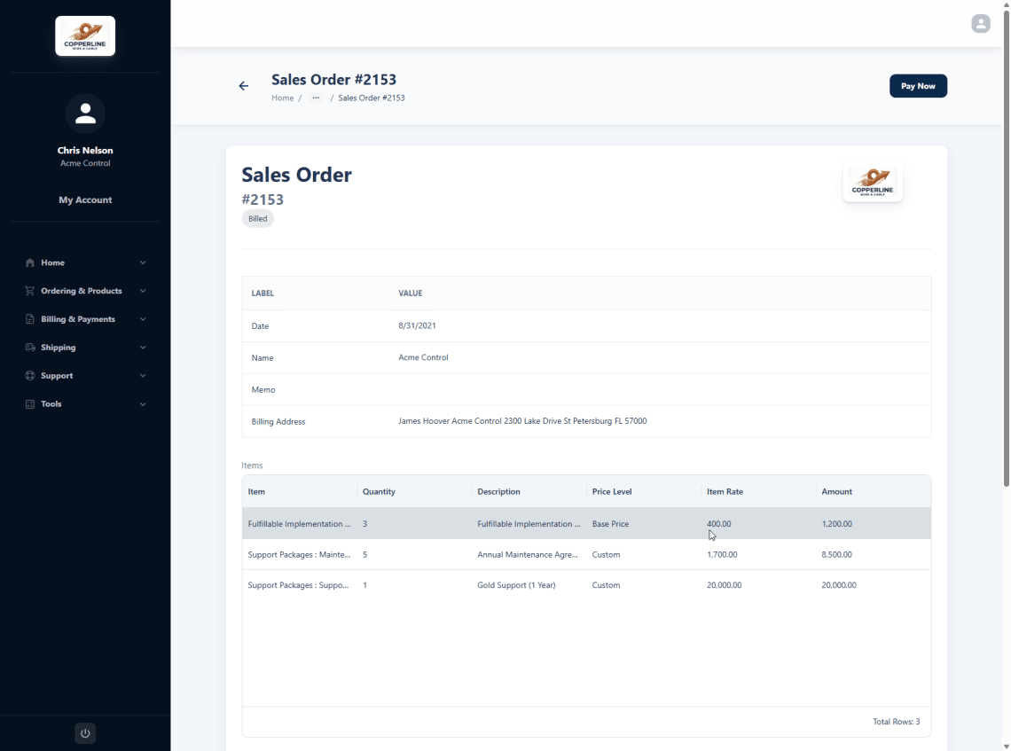 Sales order in the portal — order details, line items, and a Pay Now button