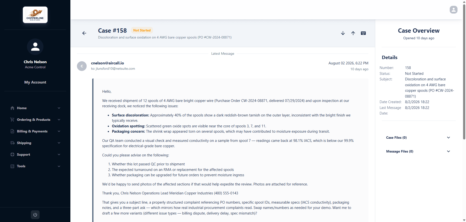 Support case detail — subject, description, attachments, and case correspondence