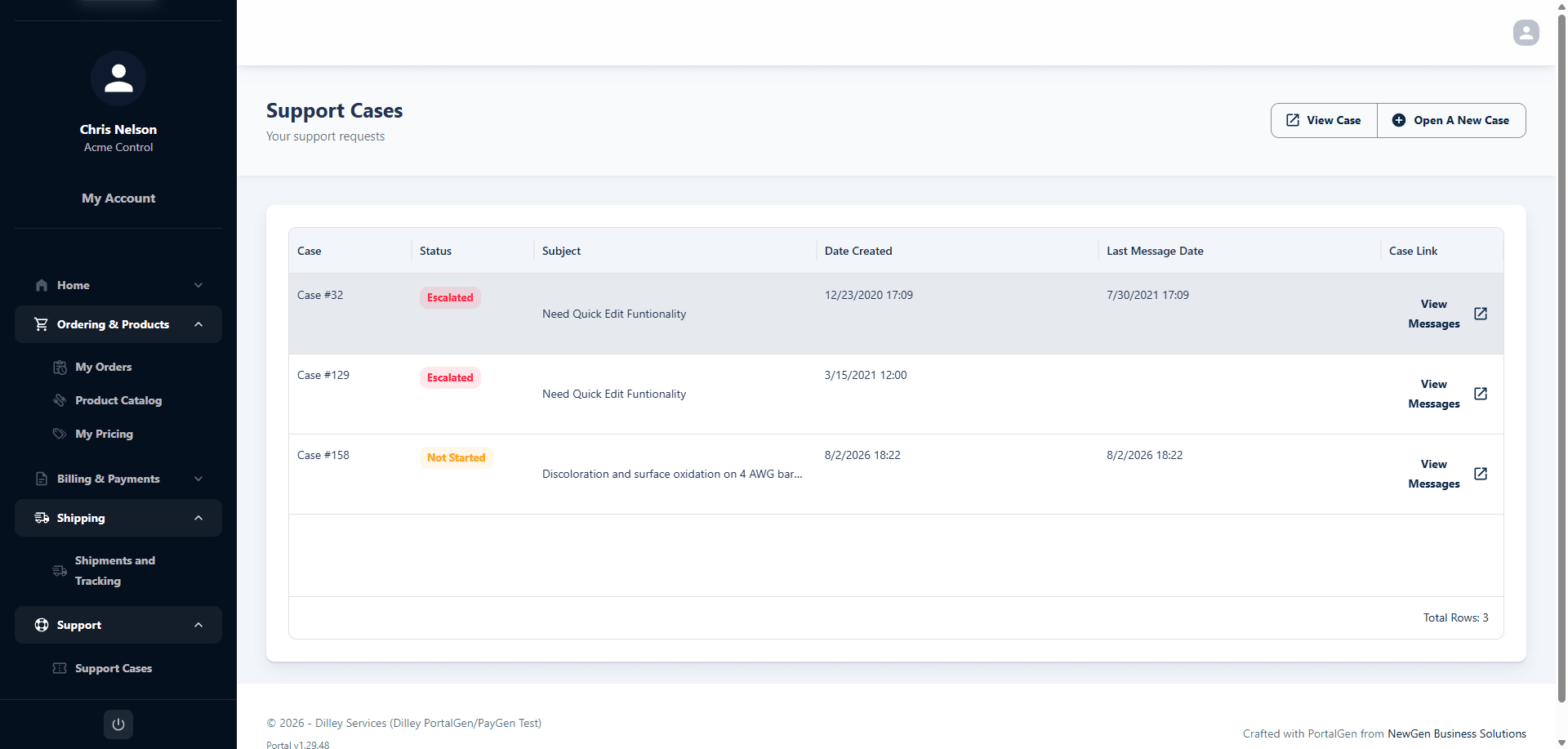 Support cases list — open and closed cases with status