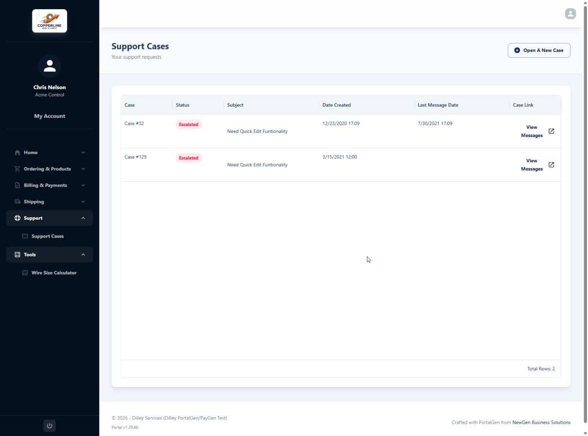 Support Cases list in the customer portal — case number, status, subject, dates, and a link to the messages